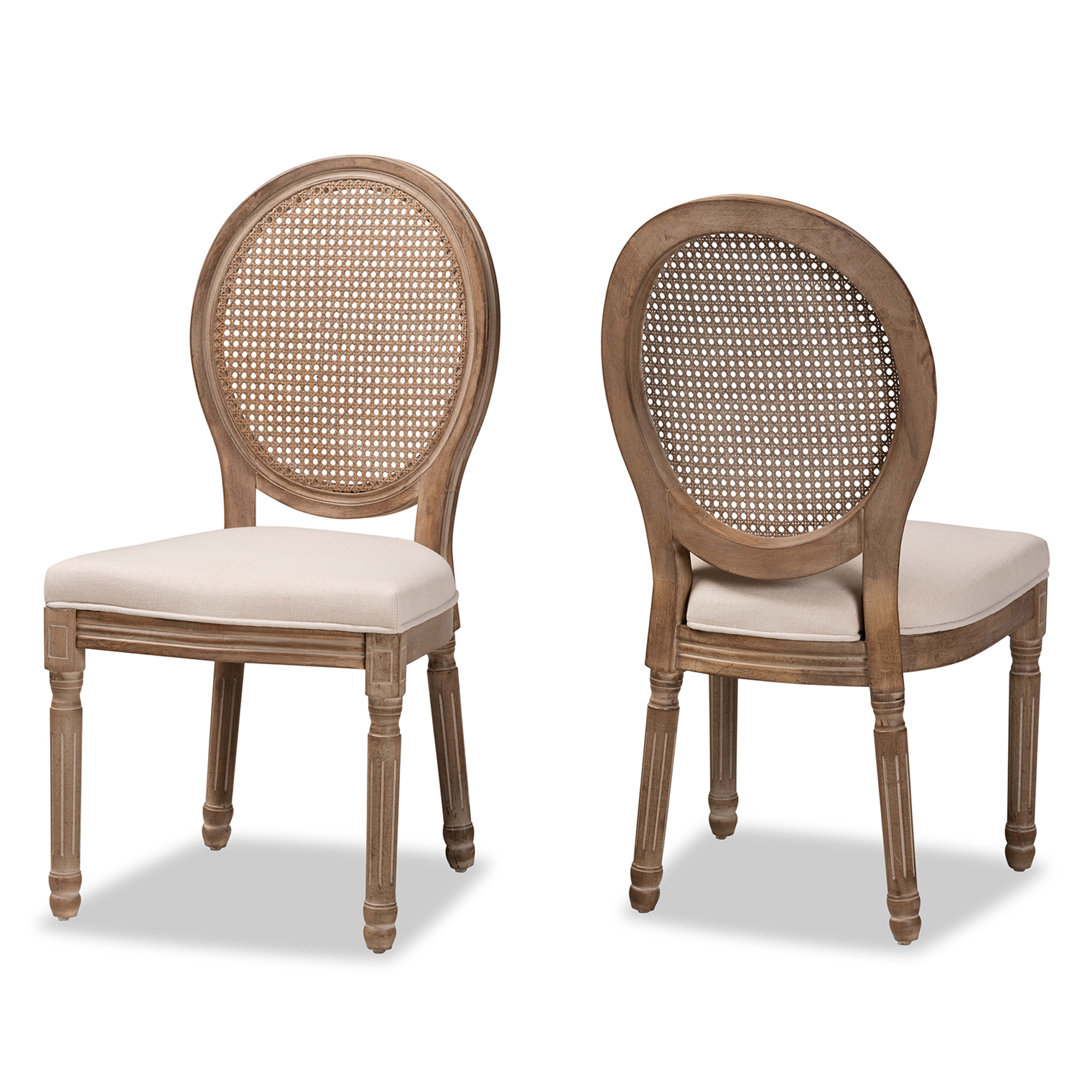 Baxton Studio Louis Traditional French Inspired Beige Fabric Upholstered and Antique Brown Finished Wood 2-Piece Dining Chair Set with Rattan Affordable modern furniture in Chicago, classic dining room furniture, modern dining chairs, cheap dining chairs